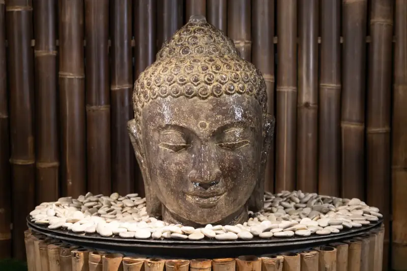 Product image 3 of the product “Buddha head as a water feature, 28x23x34cm, cast stone, hollow, handcrafted & coloured 30 cm”